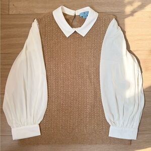 CeCe Oversized Vest/Collared Blouse Combi with Sheer Long-Sleeves